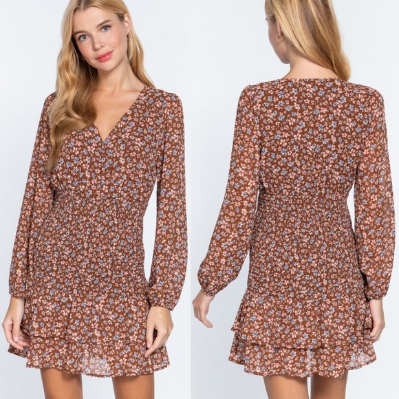 Active USA Dresses & Skirts - Brown Blue Floral Print Dress {Active USA}